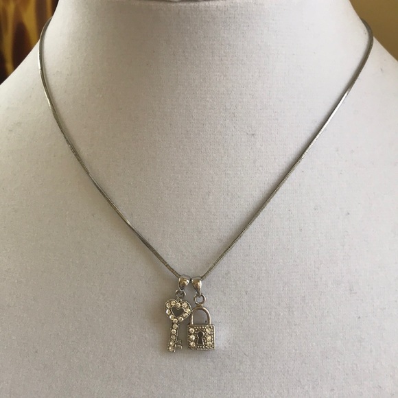 Silver Lock & Key Necklace with Crystal Accents - Picture 2 of 5